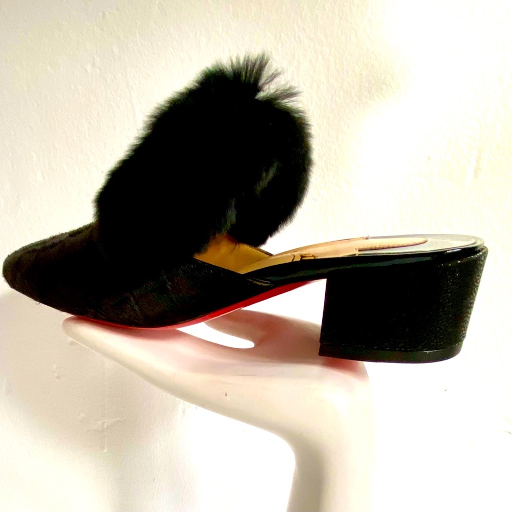 NWT LOUBOUTIN CROC EMBOSSED PONY MULE, MINK TRIM, STINGRAY HEEL